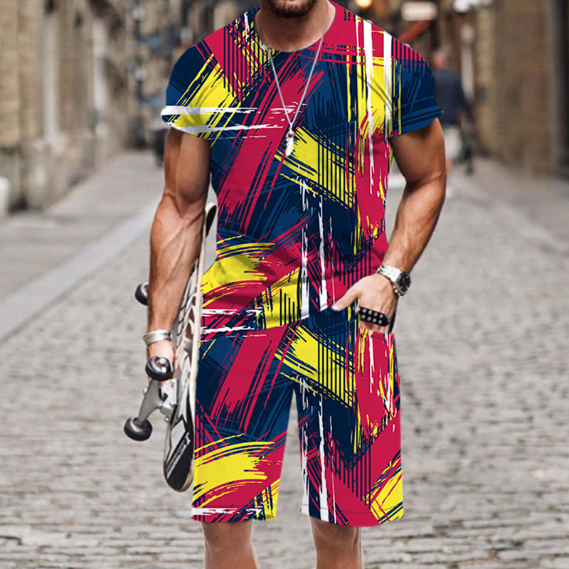 Printed Mens Summer Short-Sleeve Beach Pants Set
