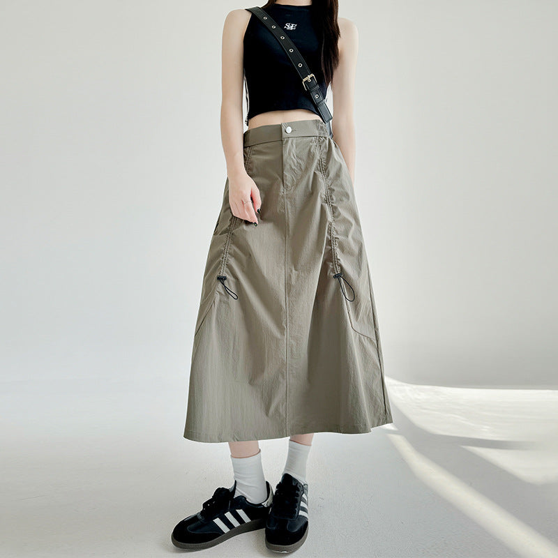 Gray American-style Drawstring Utility Skirt For Women Summer Season