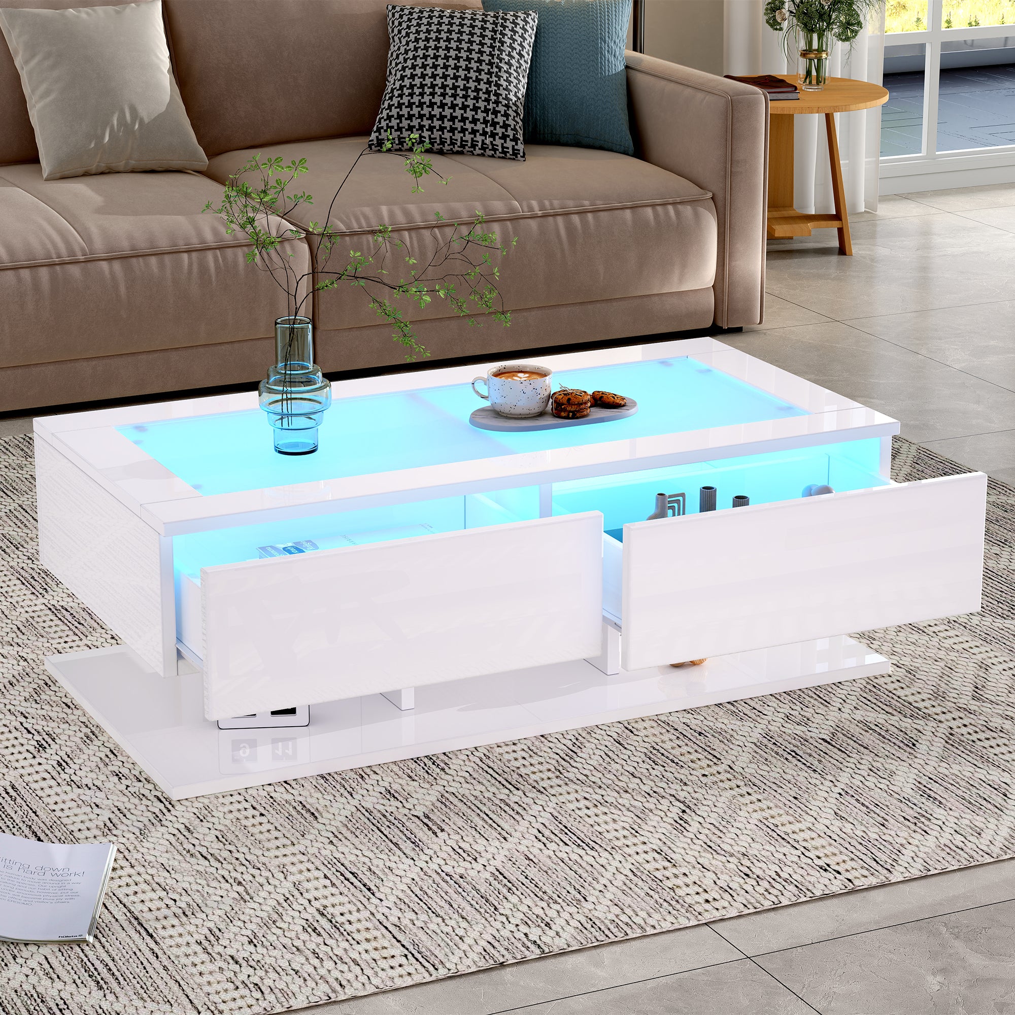 Coffee Table, High-gloss Sofa Table, Living Room Table With Drawers, Coffee Table With LED Light, Glass Top, White