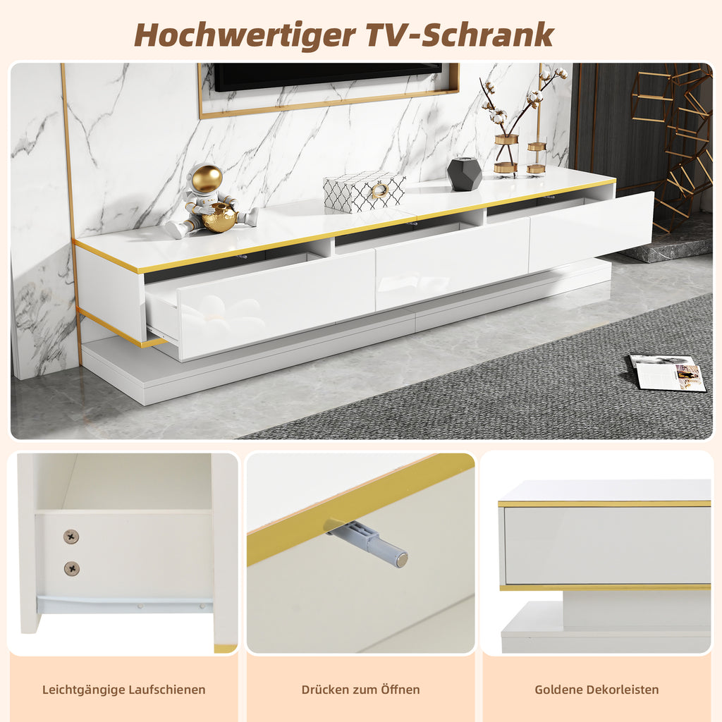 200x40x40cm TV Cabinet, Lowboard With 3 Drawers, High Gloss TV Stand, Living Room Cabinet With Large Storage Space, Warm White TV Table With Golden Edge, Floor Standing TV Cabinet