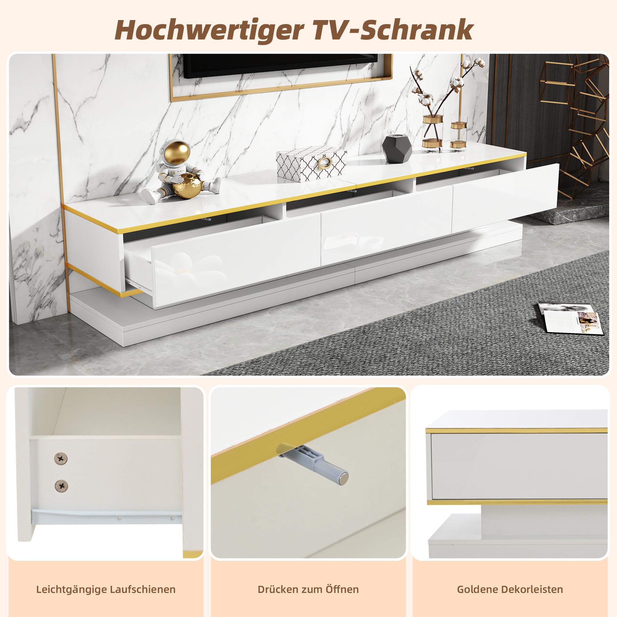 200x40x40cm TV Cabinet, Lowboard With 3 Drawers, High Gloss TV Stand, Living Room Cabinet With Large Storage Space, Warm White TV Table With Golden Edge, Floor Standing TV Cabinet