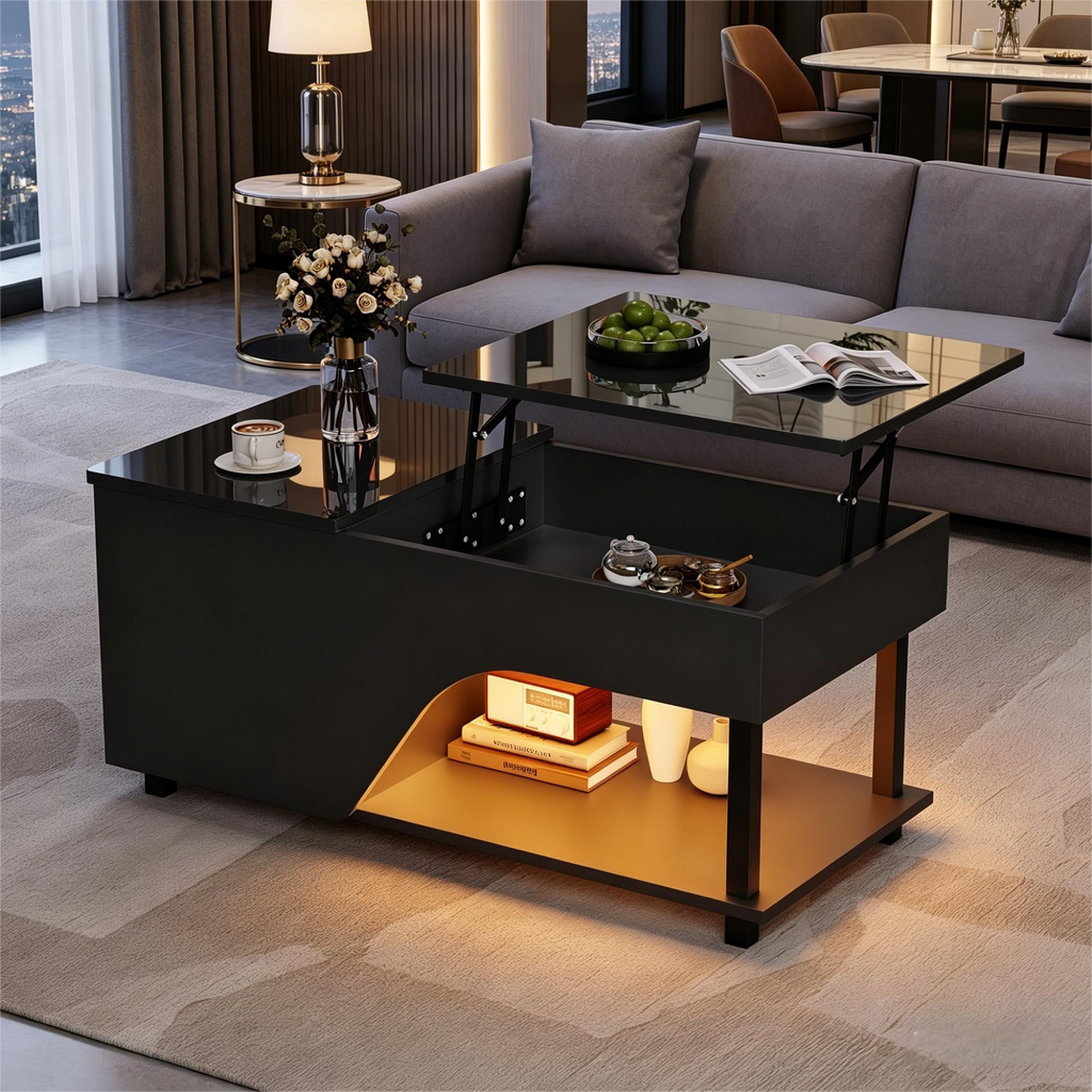 50 X 100 X 46cm Height Adjustable Living Room Coffee Table,Side Table With Hidden Storage,Openwork Coffee Table,High Gloss LED Sofa Table,Tea Table With Side Shelf,Black