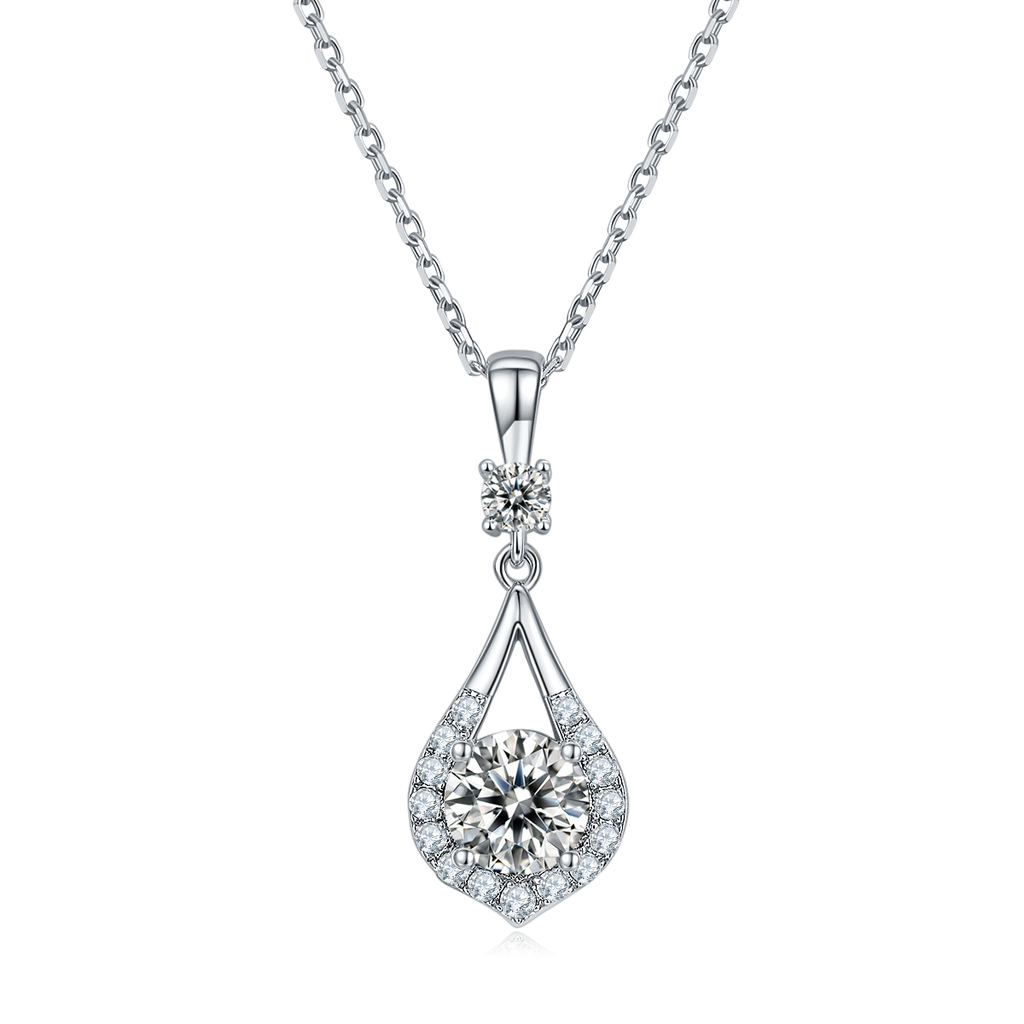 S925 Sterling Silver Teardrop Halo Necklace, 1ct D-VVS1 Moissanite & Lab-Grown Gems, Platinum Plated 1.7g With GRA Certificate Gift Box