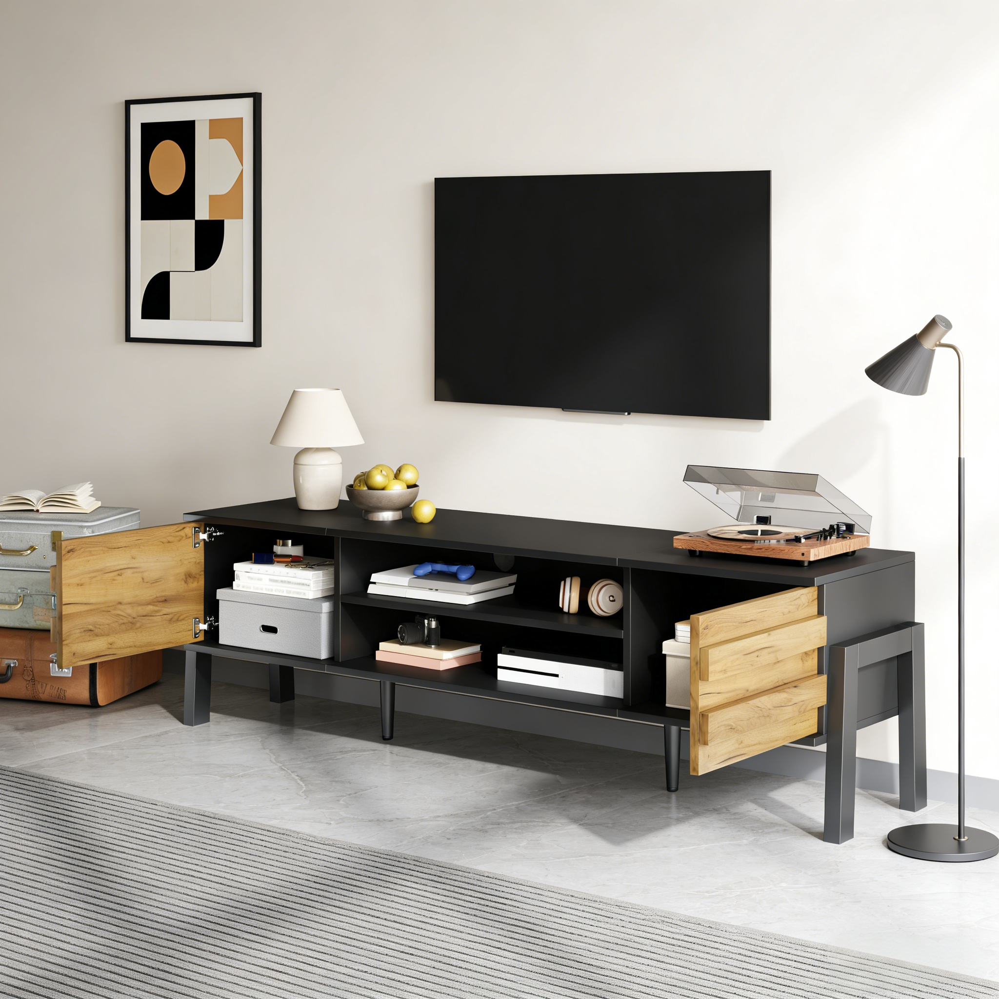 TV Cabinet, Lowboard TV Board, TV Console With 2 Cabinets And Open Storage Space, TV Table, TV Stand, Living Room Cabinet, Suitable For TVs Up To 70 Inches