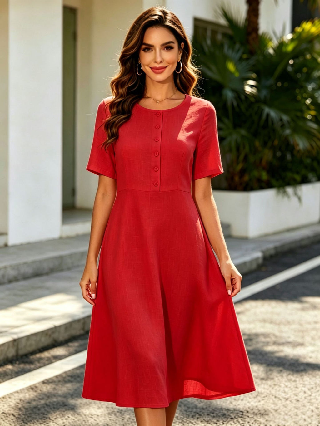 Elegant Round-neck Short-sleeve Buttoned A-line Dress With A Fitted Waist For Workwear