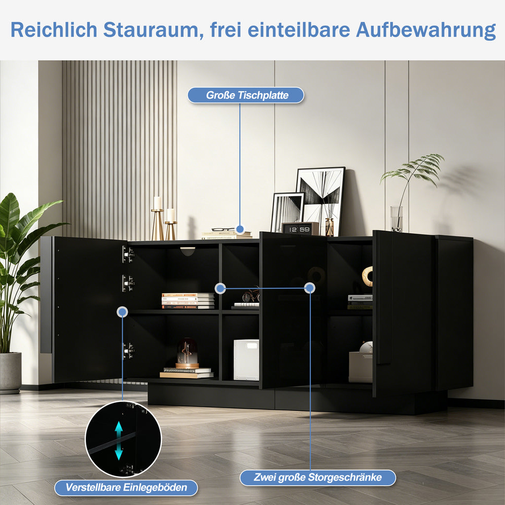 Living Room Sideboard  35 X 160 X 60 Cm , A Living Room Cabinet With 3 Doors, High-gloss Storage, 6 Storage Compartments And Plenty Of Storage Space.Wide Cabinet, Black, Chipboard, Easy To Clean, Ches