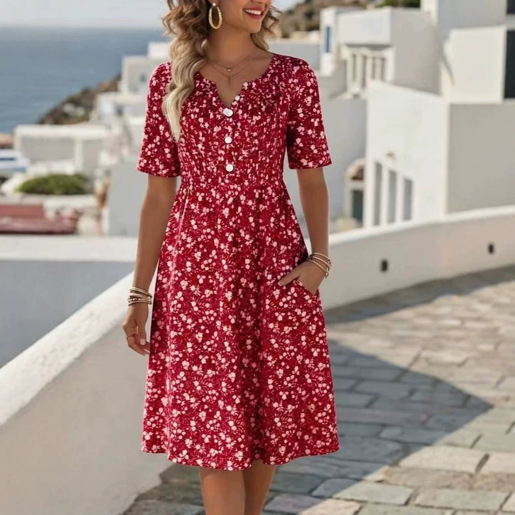 Womens Floral Print V-Neck Midi Dress With Short Sleeves