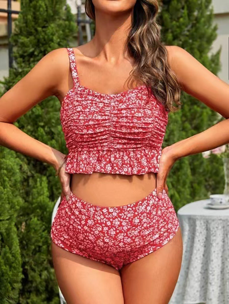 Two-piece Floral Leopard-print Ruffled Swimsuit