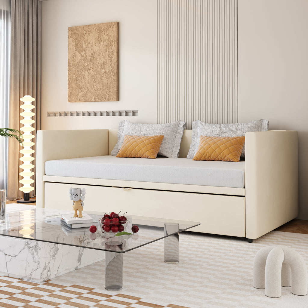 Upholstered Bed Pull-out Sofa Bed 90 180x200 Cm With Slatted Frames, Multifunctional Bed Made Of Skin-friendly Velvet Fabric Beige