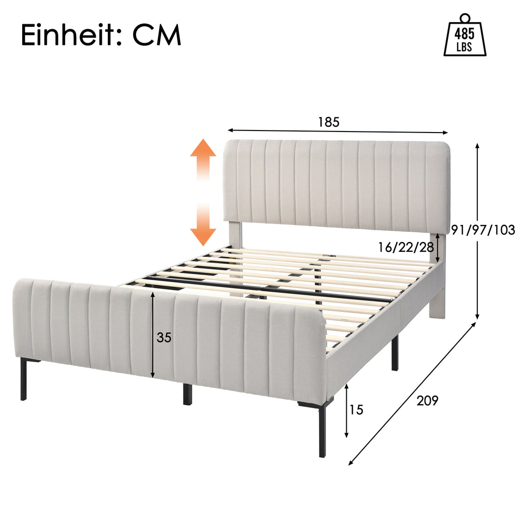 257677AAN Upholstered Bed Double Bed 180 X 200 Cm, Bed Frame With Slatted Base And Adjustable Headboard, Upholstered Bed In Gray-Beige, Linen Material.