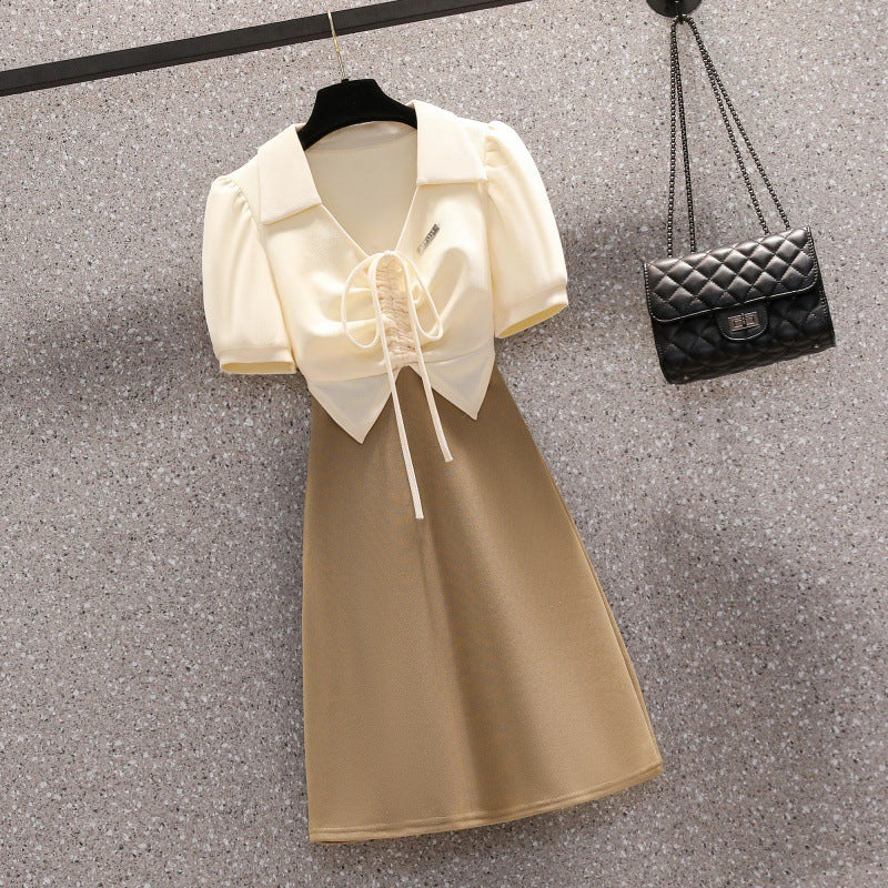 Foreign Style Slim Fitting Short Sleeved Split Dress For Women