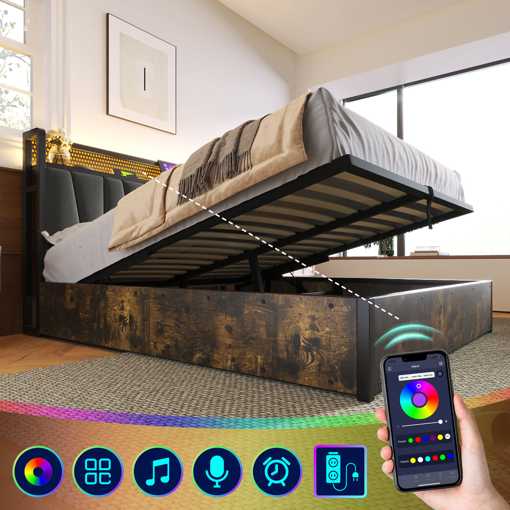 LED App-Control Double Bed With Rechargeable USB Charging Function Headboard And LED Lighting, Metal Bed 140x200cm Latticeroad Made Of Wood, Grey Without Mattress