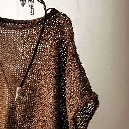 Womens Summer Elegant Retro Hollow-Out Loose Round-Neck Short-Sleeve Batwing Top