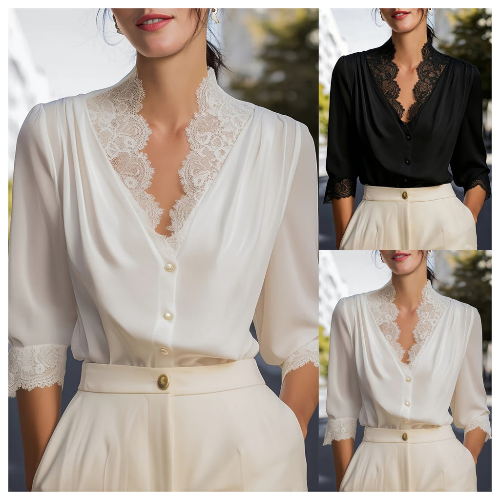 Lace-Panel Three-Quarter-Sleeve Gentle And Elegant Blouse For Women