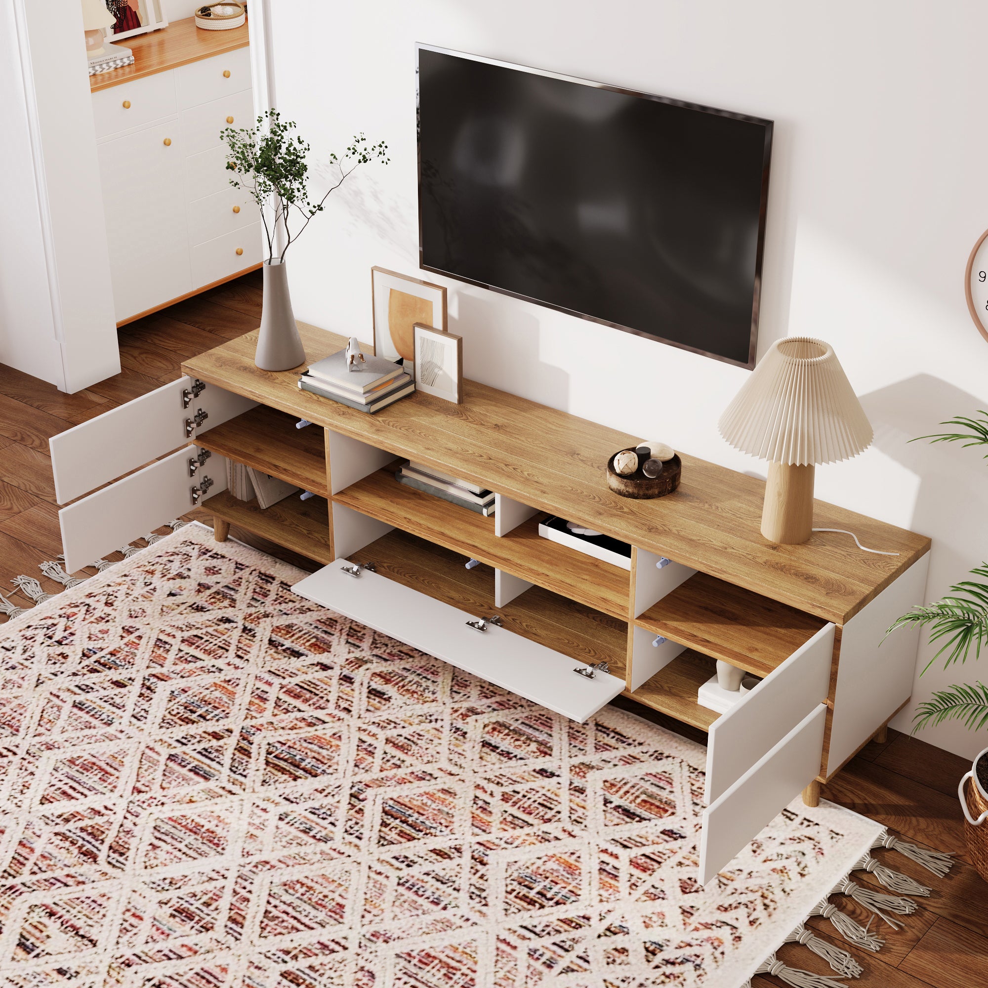 TV Cabinetlowboard, Living Room Furniture In White And Wood Tones. Features Compartments And Doors In A Natural Country-house Style.