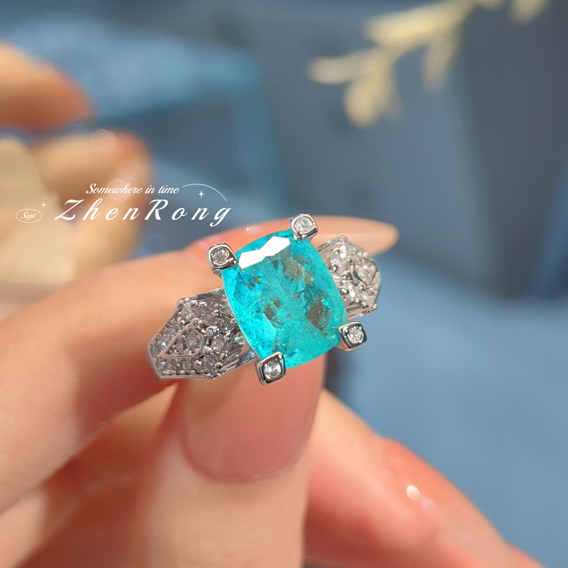 Fashion Elegant Paraiba Tourmaline Ring For Women, Niche Design Cushion Cut High Carbon Diamond Color Gemstone Adjustable Open Finger Ring