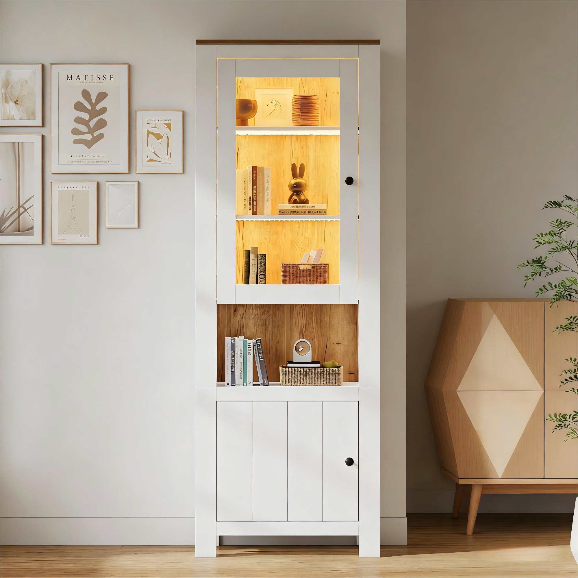 70 X 40 X 188 Cm Tall Cabinet, Freestanding Display Cabinet With 2 Cabinet Doors, Six Shelves, A Back Panel In Natural Wood Look, Adjustable Shelves, Glass Display Case With LED Lighting, White  Natu