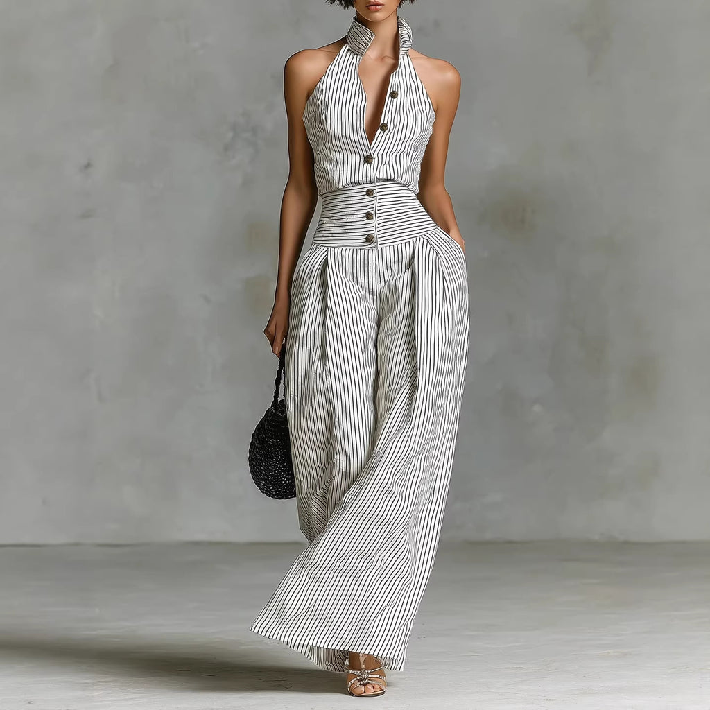 Button-front Sleeveless Shirt High-waisted Wide-leg Slim-fit Jumpsuit