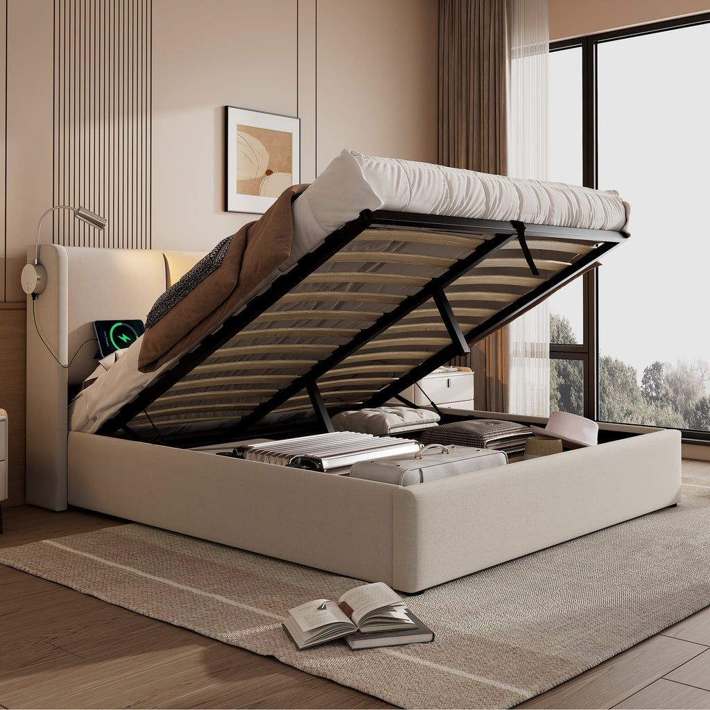 Upholstered Bed Double Bed Storage Storage Storage Reading Light With USB Charging Function Headboard, Storage Beds Bed Frame Made Of Linen Material Youth Bed 140x200 With Slatted Base Without Mattre