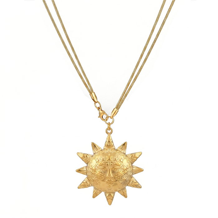 Celestial Sun Face Pendant Necklace For Women, 18K Gold Plated Stainless Steel Snake Chain Choker, Vintage Sunburst Boho Jewelry Gift