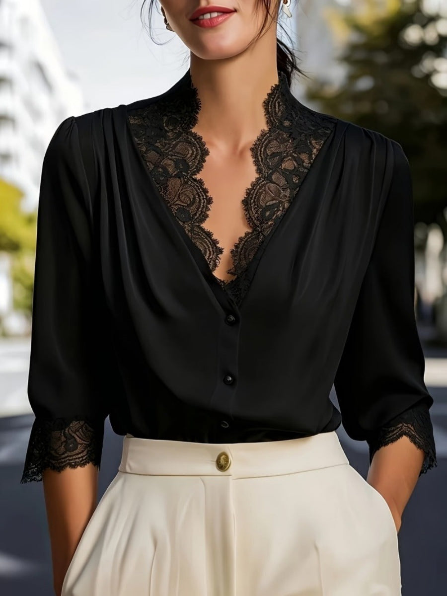 Lace-Panel Three-Quarter-Sleeve Gentle And Elegant Blouse For Women