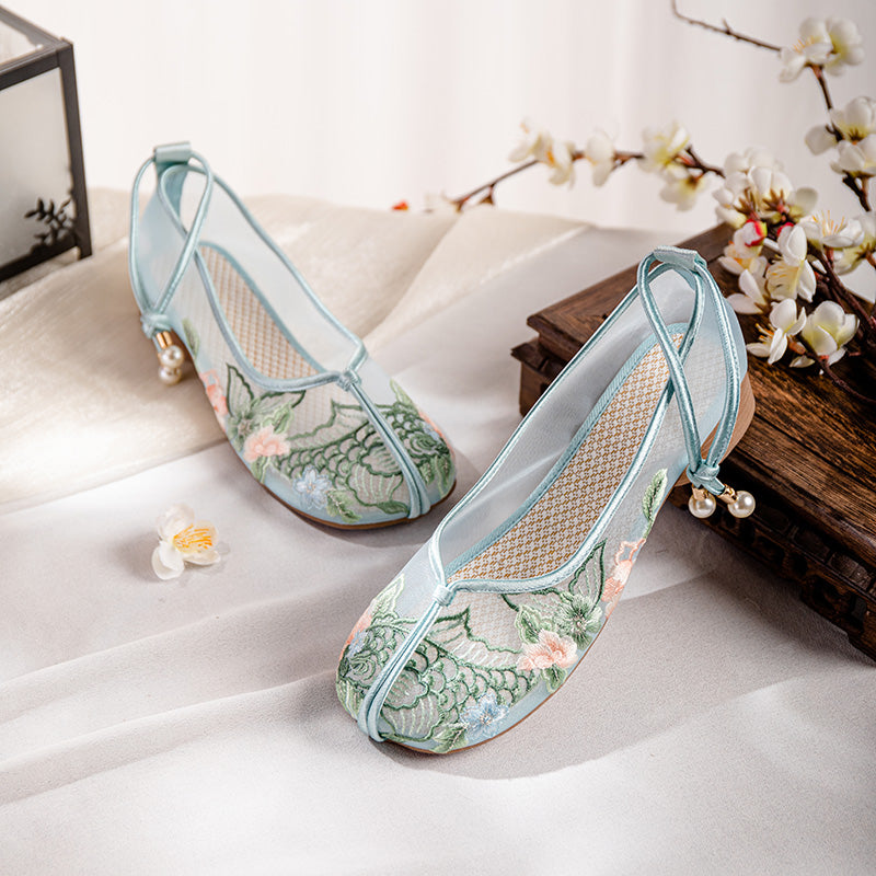 New Chinese Style Embroidered Mesh Shoes - Traditional Chinese Embroidery Flat Shoes, Soft Sole Platform Women S Shoes, Versatile Hanfu-Inspired Style