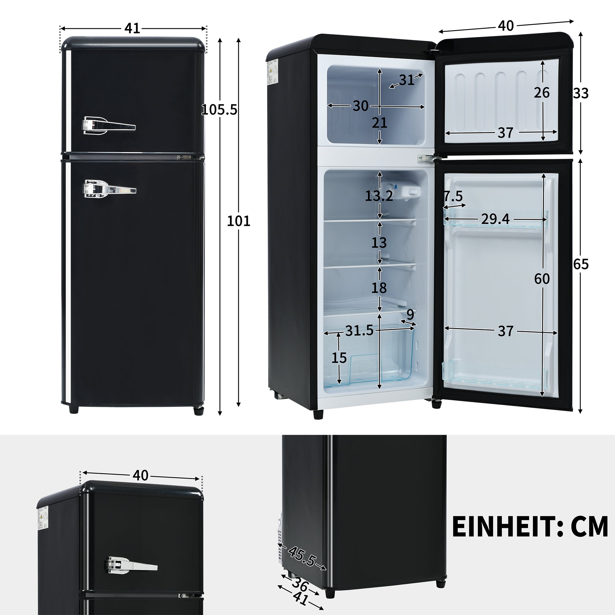 Retro Fridge-freezer, 105.5 Cm High, 41 Cm Wide, Two-door, 92-liter Total Capacity, With 28-liter Freezer Capacity. 116 KWhyear,  LED Light. Energy Class D