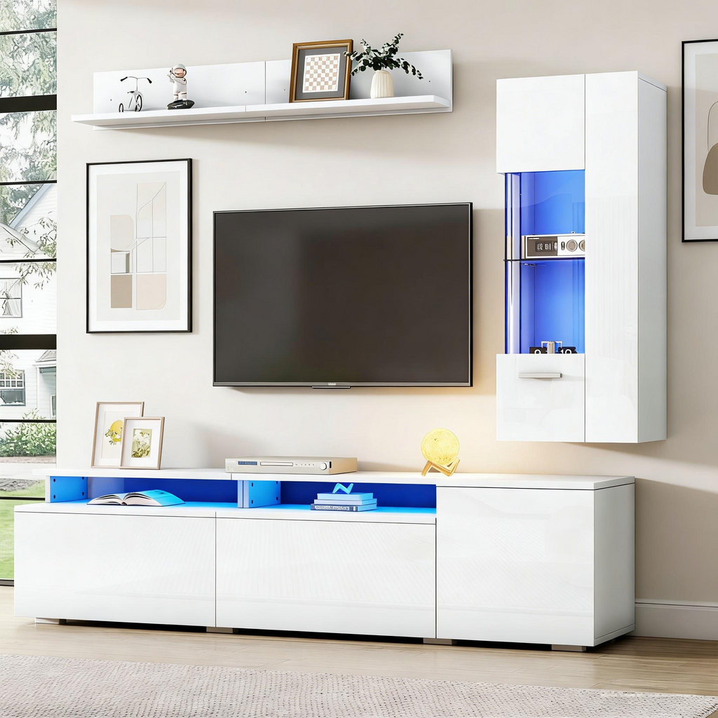 TV Wall Unit Set 3-Piece LED Lighting High Gloss Living Room Furniture Set Frontal Wall Unit 1 X TV Cabinet, 1 X Living Room Display Cabinet, 1 X Hanging Shelf, TV Up To 80' White