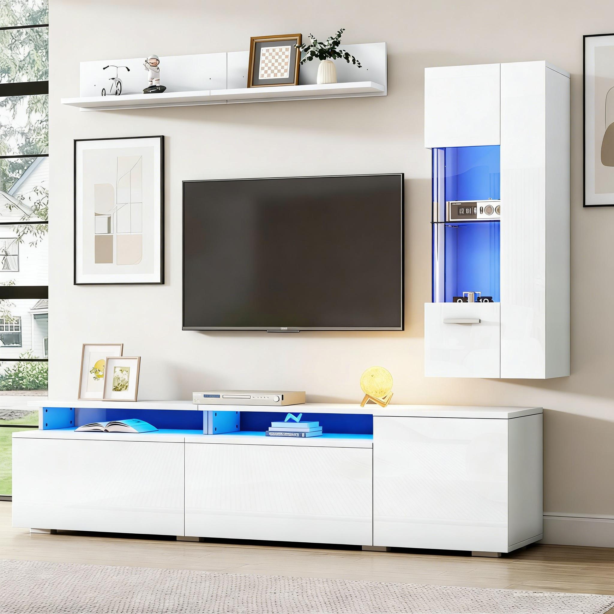 TV Wall Unit Set 3-Piece LED Lighting High Gloss Living Room Furniture Set Frontal Wall Unit 1 X TV Cabinet, 1 X Living Room Display Cabinet, 1 X Hanging Shelf, TV Up To 80' White