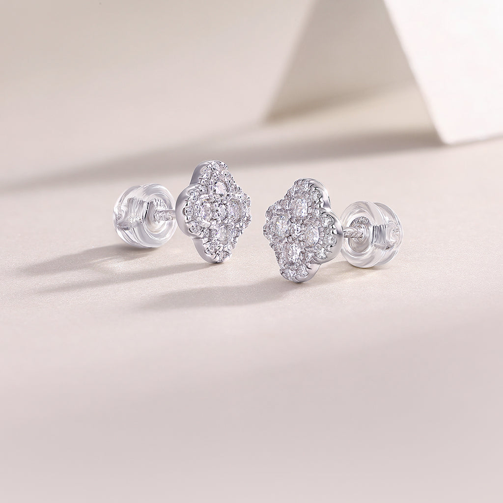 S925 Sterling Silver Clover Stud Earrings, D-VVS1 Moissanite Pave, Platinum Plated 1.2g Women's Jewelry Gift Box