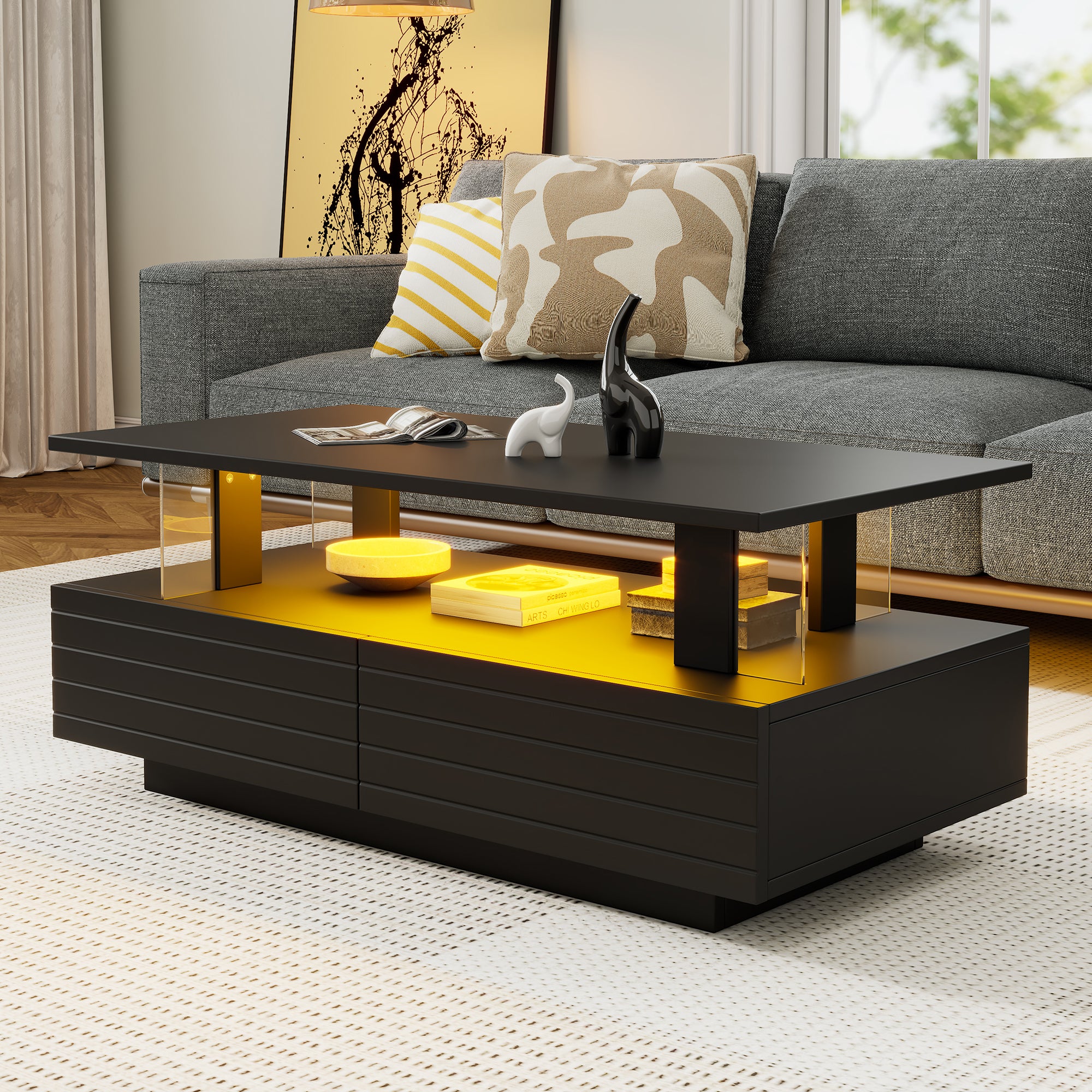 Black LED Coffee Table With Storage Function, Acrylic LED Living Room Table, Bistell Table, Double Layer Rectangular Coffee Table With Bluetooth Mobile Phone App Control, Suitable For Parties, Offices