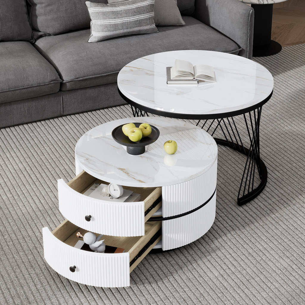 Elegant 2-piece, White Coffee Table Set In Nest Shape, 60x60x46cm & 50x50x31cm, Round Tables With High Gloss Marble Look, 2 Drawers, Loadable Up To 30kg, Nesting Combination Coffee Table
