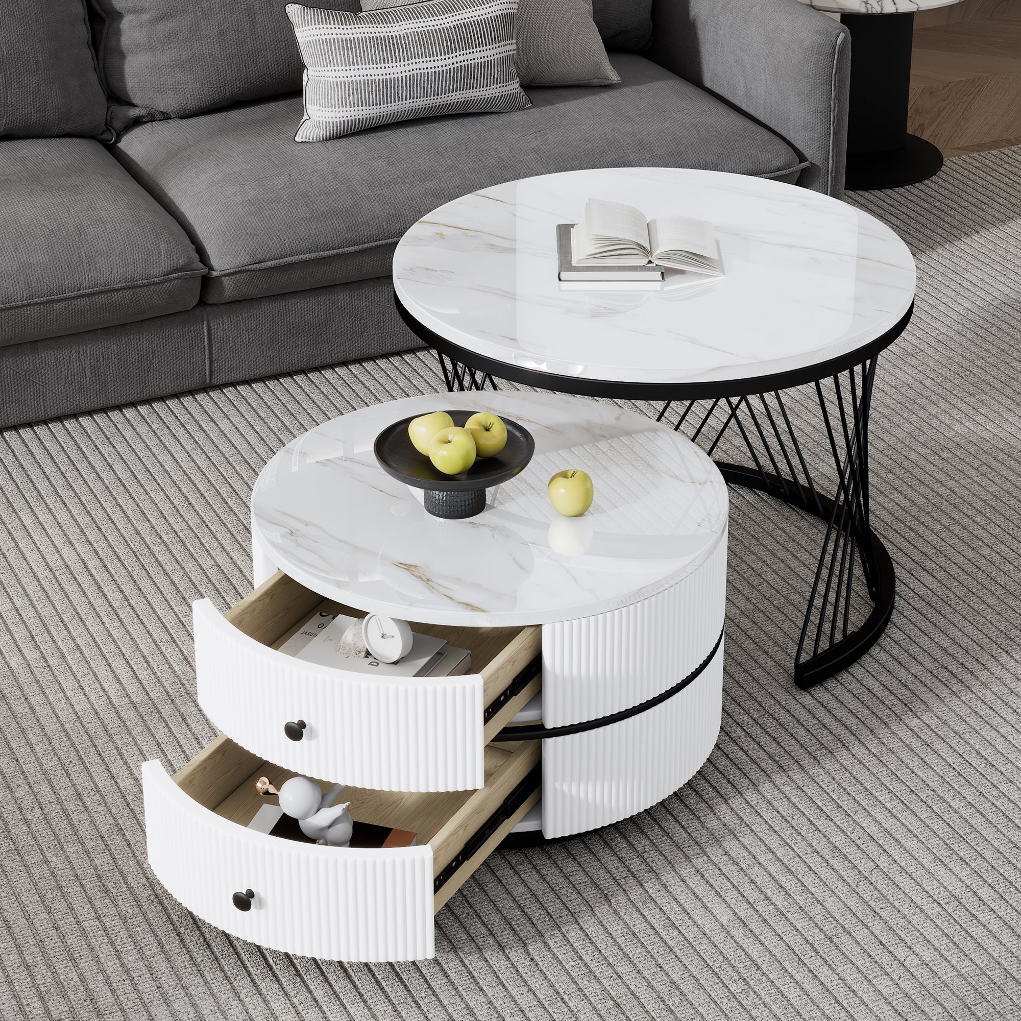 Elegant 2-piece, White Coffee Table Set In Nest Shape, 60x60x46cm & 50x50x31cm, Round Tables With High Gloss Marble Look, 2 Drawers, Loadable Up To 30kg, Nesting Combination Coffee Table