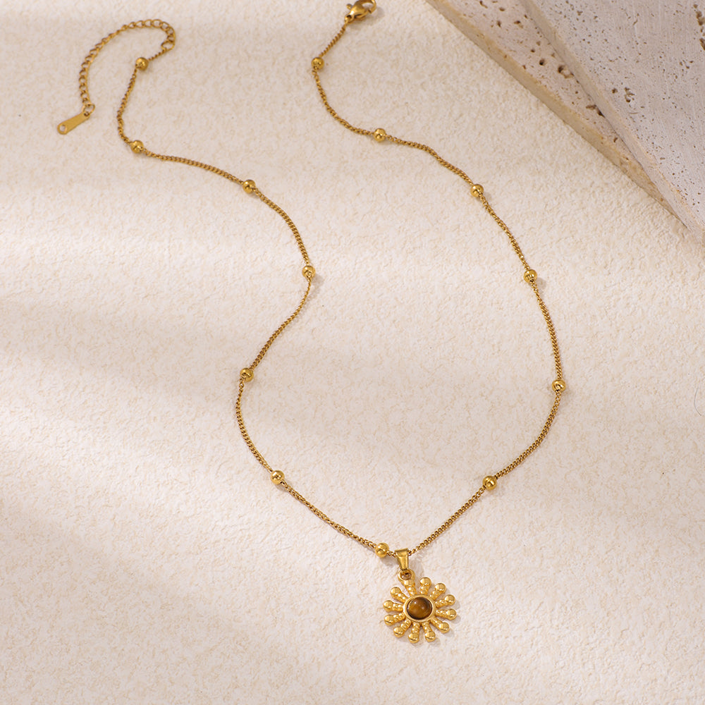 Stainless Steel Side-clamping Beaded Chain Paired With Stainless Steel Tiger's Eye Stone Pendant Necklace