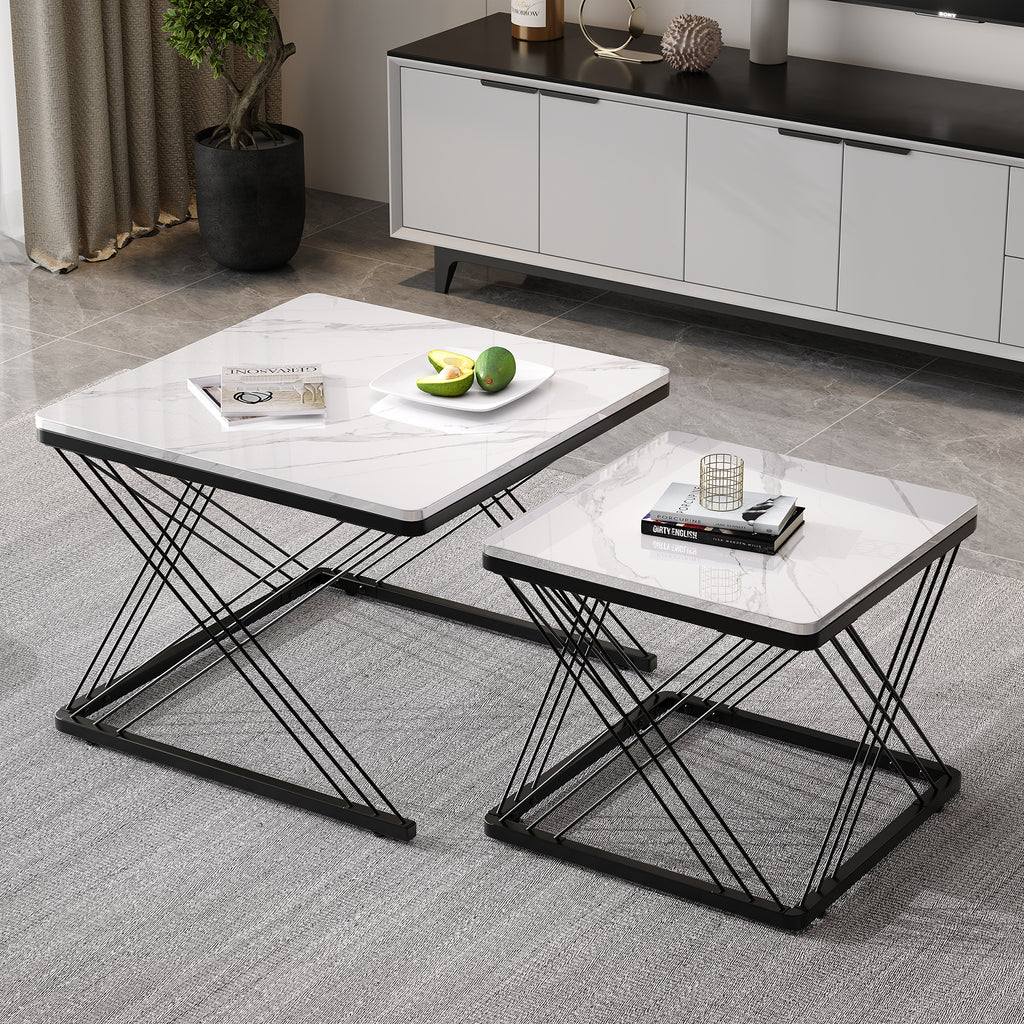 Stylish 2-piece Coffee Table Set, Square Tables In 60x60x45cm & 45X45X40cm, High-gloss Marble Look, Height-adjustable Feet, Loadable Up To 30kg, High-gloss Combi Coffee Table