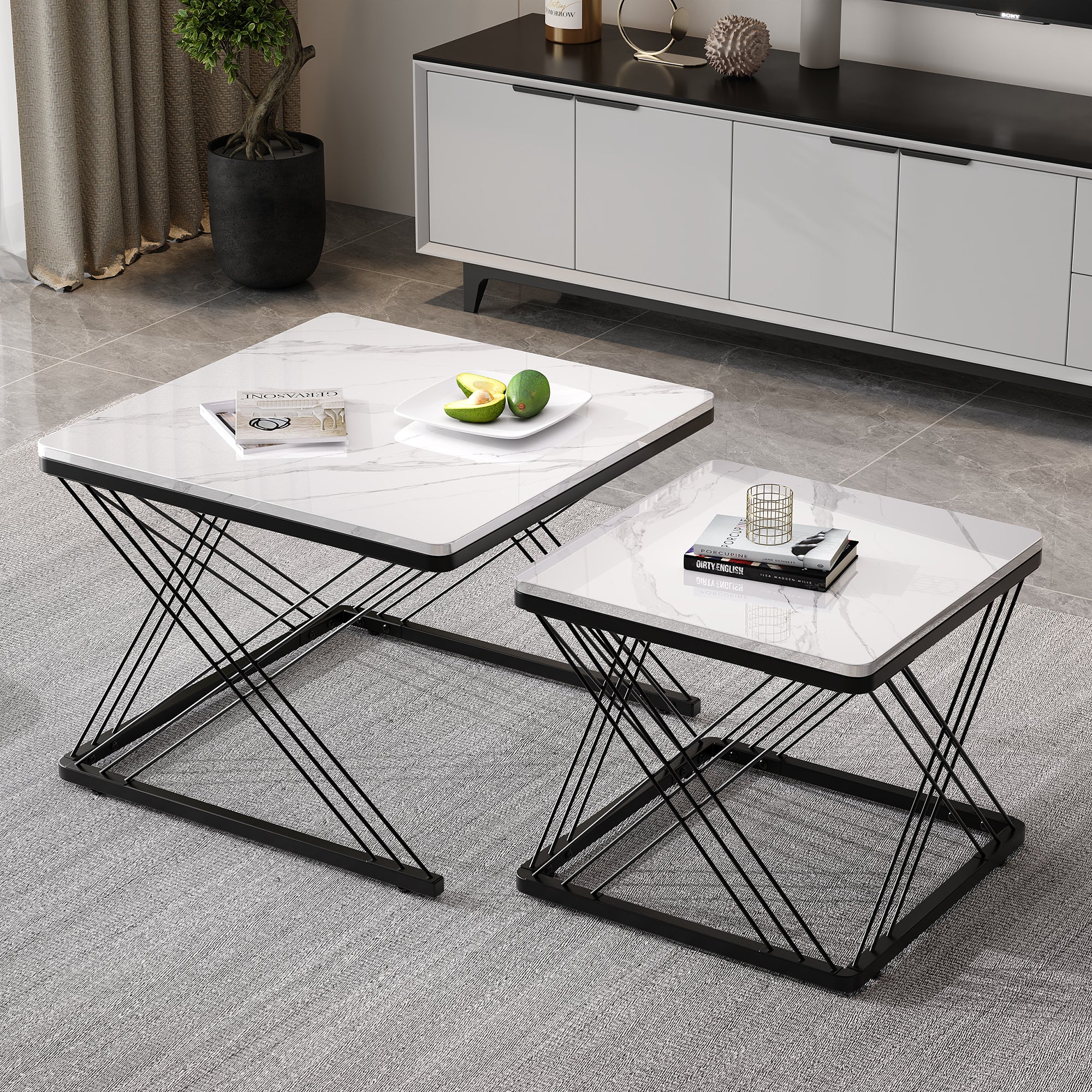 Stylish 2-piece Coffee Table Set, Square Tables In 60x60x45cm & 45X45X40cm, High-gloss Marble Look, Height-adjustable Feet, Loadable Up To 30kg, High-gloss Combi Coffee Table