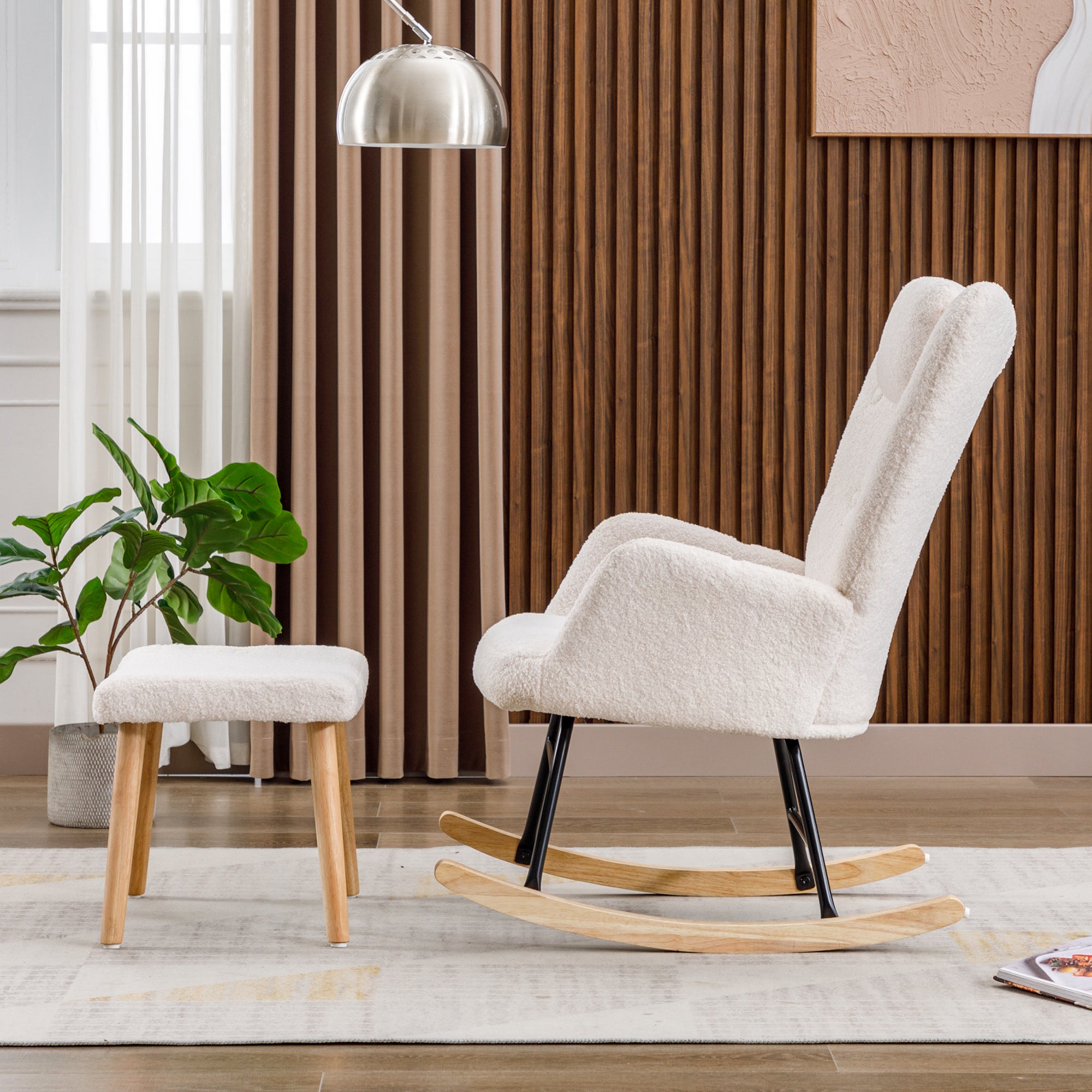 Comfortable White Rocking Chair, Soft Teddy Plush Rocking Chair With Neck Cushion And Footrest - Load Capacity Up To 100 Kg