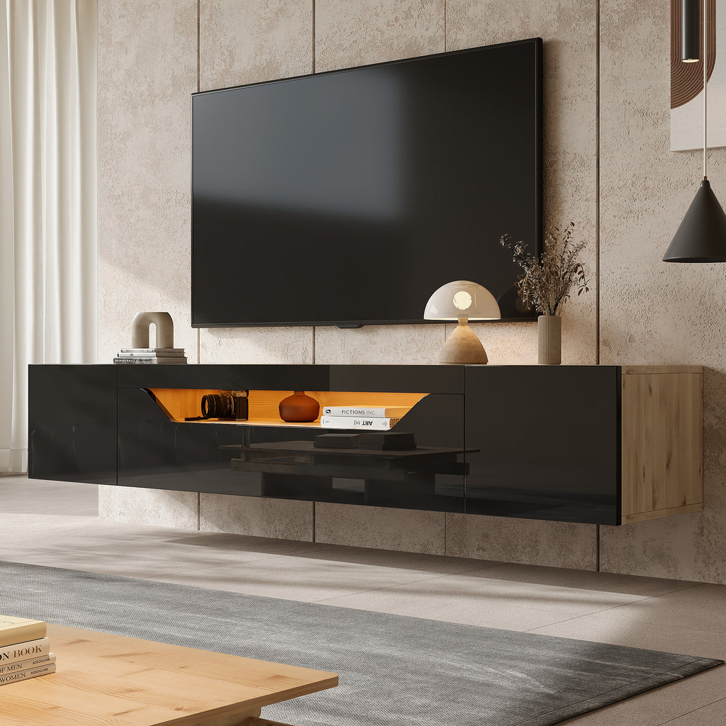 TV Cabinet With 3 Storage Compartments, Lowboard, Floating Wall-mounted TV Unit, High-gloss TV Cabinet With LED Light, TV Table, Wall-mountable, Suitable For 75-inch TVs, Black  Original