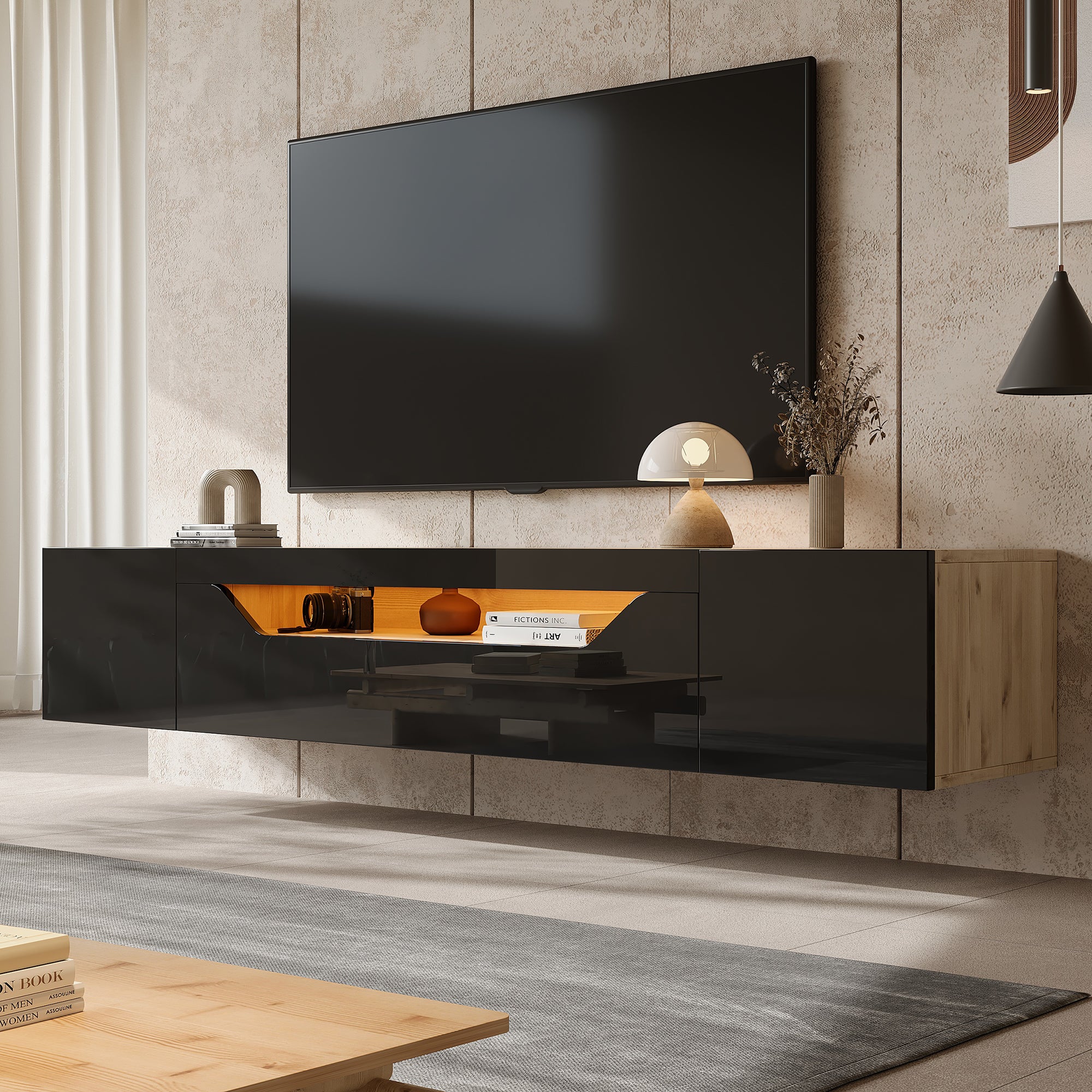 TV Cabinet With 3 Storage Compartments, Lowboard, Floating Wall-mounted TV Unit, High-gloss TV Cabinet With LED Light, TV Table, Wall-mountable, Suitable For 75-inch TVs, Black  Original