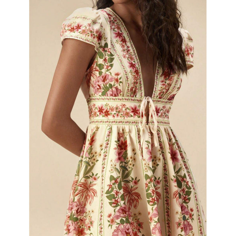 Bohemian-style Vacation Casual V-neck Lace-up Floral Slimming Dress For Women