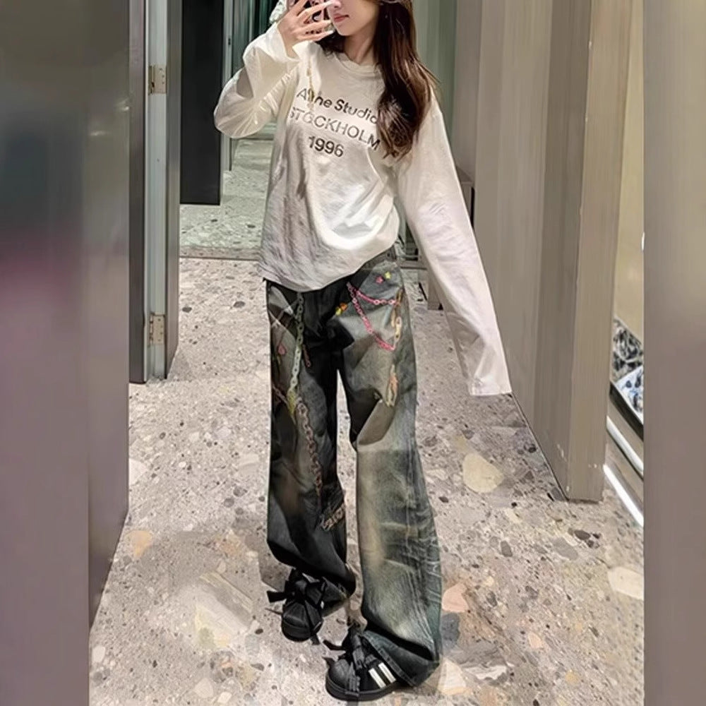 Womens Floor-length Printed Denim Jeans With A Chain Detail