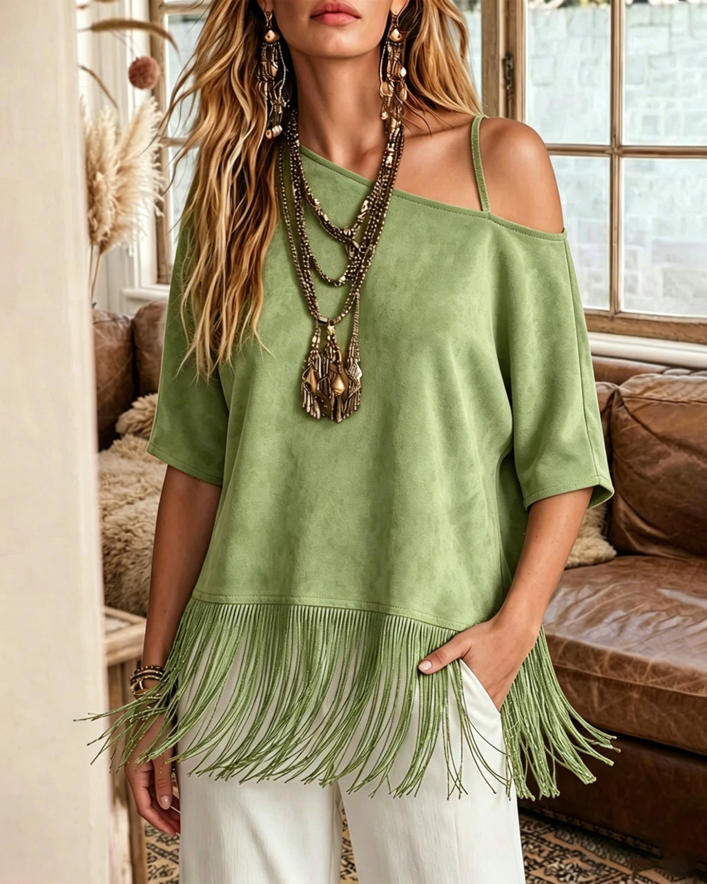 Loose-fit Western-style T-shirt With A Fringed Hem
