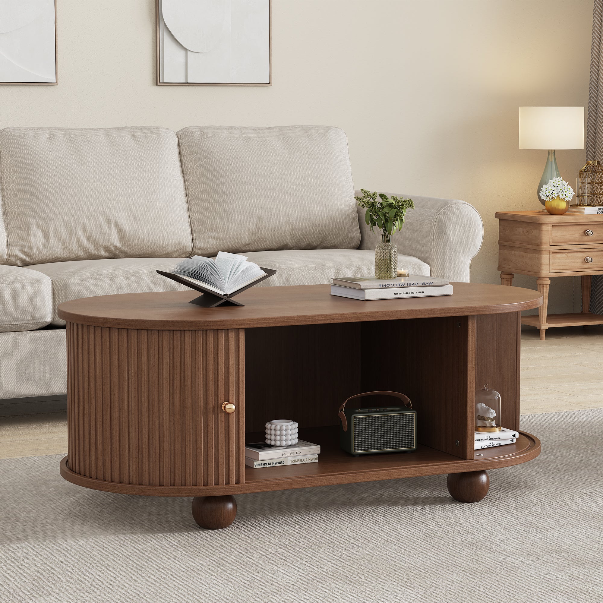 100 X 50 X 40 Cm Walnut Tree Coffee Table With Storage Space And Sliding Doors Space Saving Multifunctional Furniture In Wood Colors,Sofa Table With 360 Degree Sliding Door,Coffee Table With 4 Legs