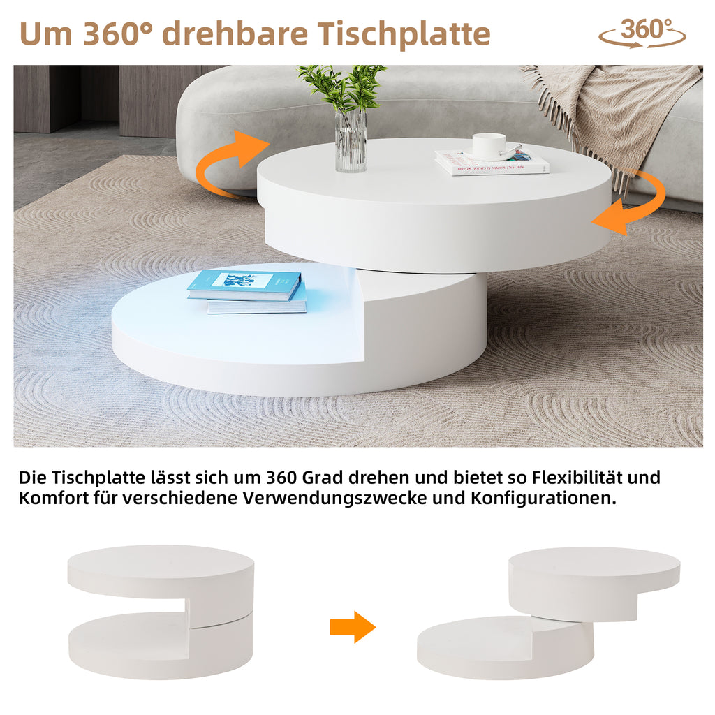 N625P300074W 70x70x35.5cm Coffee Table, Upper Table Top 360dgFreely Rotatable, Swivel Sofa Table With LED Light Strip, Cylindrical Living Room Table Made Of MDF, Loadable Up To 30 Kg, 2-Layer Construc