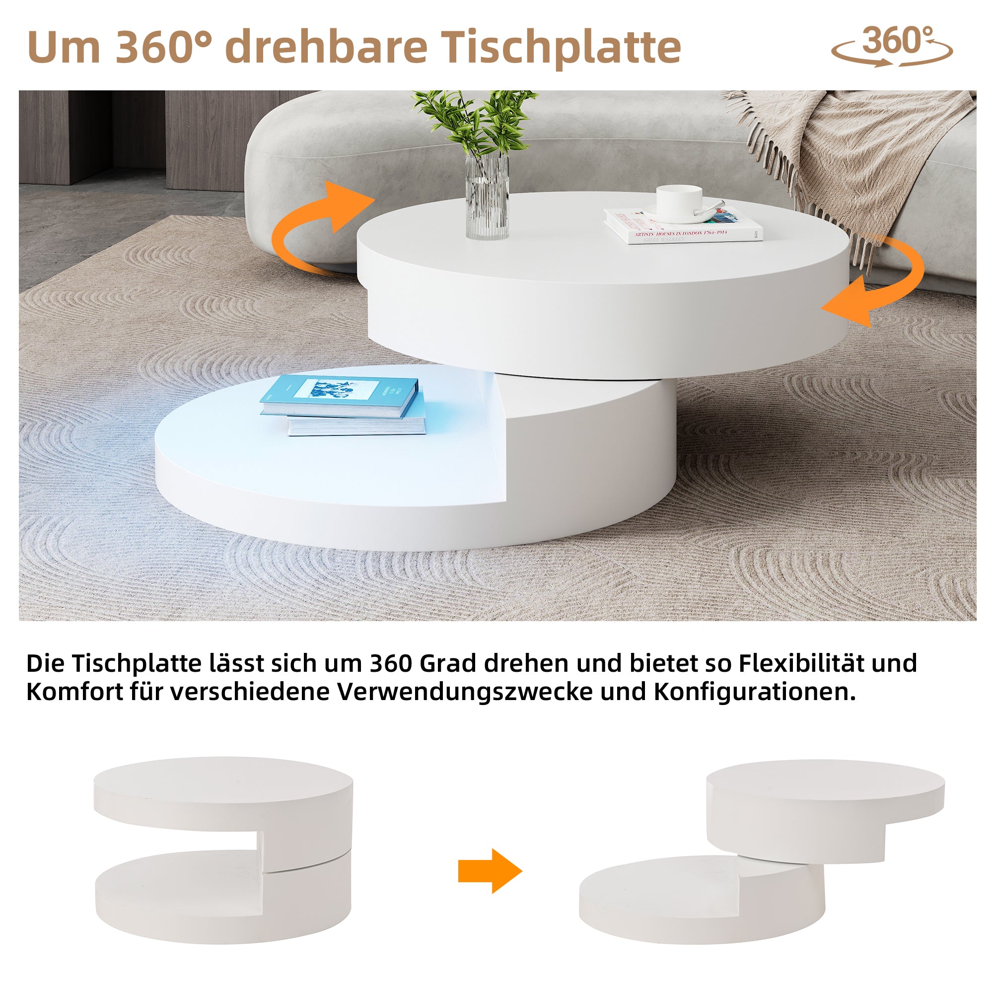 N625P300074W 70x70x35.5cm Coffee Table, Upper Table Top 360dgFreely Rotatable, Swivel Sofa Table With LED Light Strip, Cylindrical Living Room Table Made Of MDF, Loadable Up To 30 Kg, 2-Layer Construc