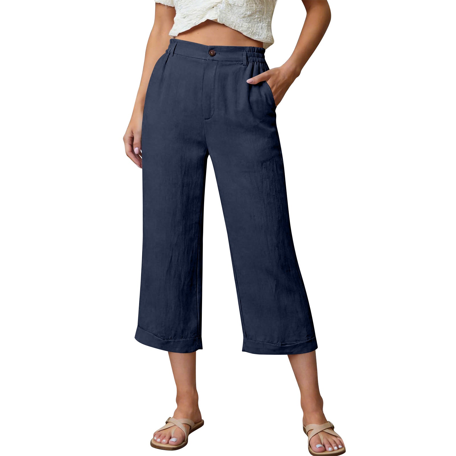Pocketed Loose-fitting Breathable Summer Capri Pants For Home Wea