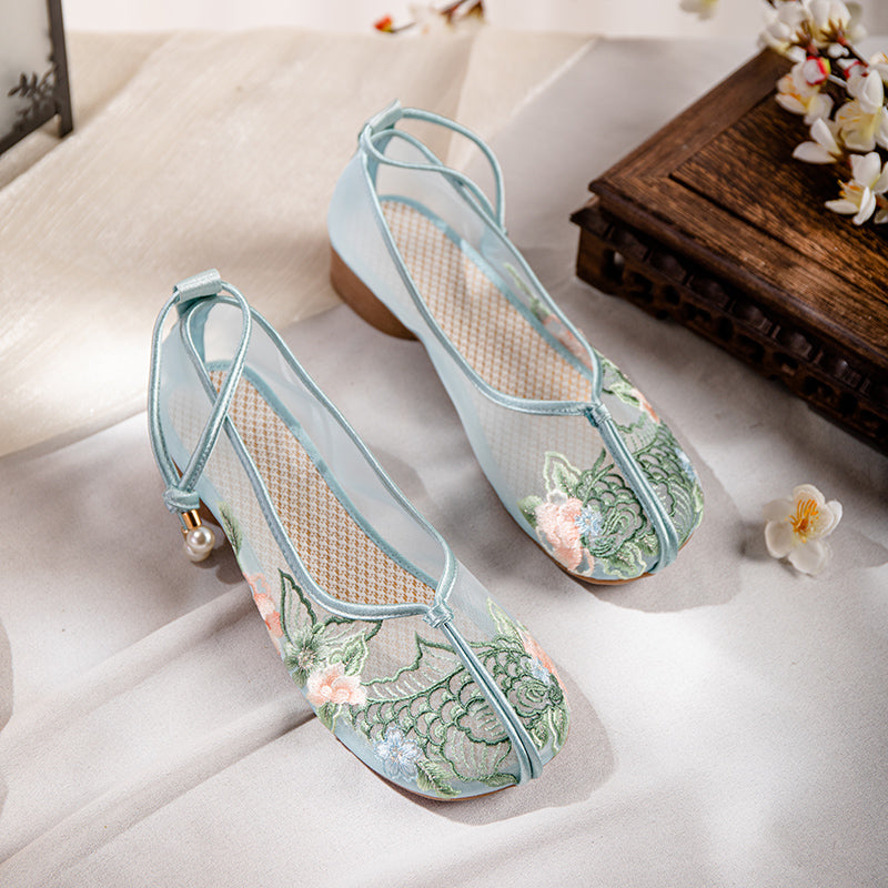 New Chinese Style Embroidered Mesh Shoes - Traditional Chinese Embroidery Flat Shoes, Soft Sole Platform Women S Shoes, Versatile Hanfu-Inspired Style