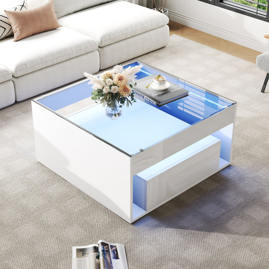 70 X 70 X 35 Cm Coffee Table,Side Table With 2 Drawer, Sofa Table, High Gloss Coffee Table,Living Room Table With Openwork Design,Desk And Dining Table In Tempered Glass With LED,White