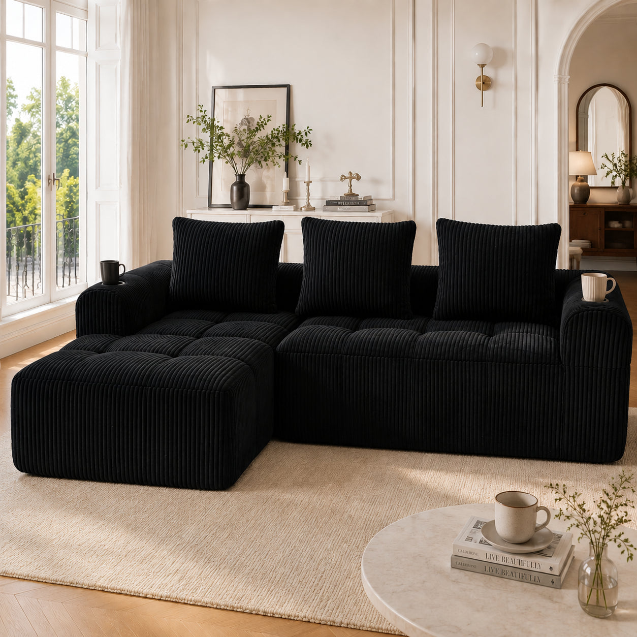 Compact Sofa Made Of Corduroy  Soft, Modular & Suitable For Everyday Use With Side Pocket And Cup Holder. High-quality Comfort For Long Periods Of Sitting, Incl. 3 Cushions. Ideal For Living Rooms, S