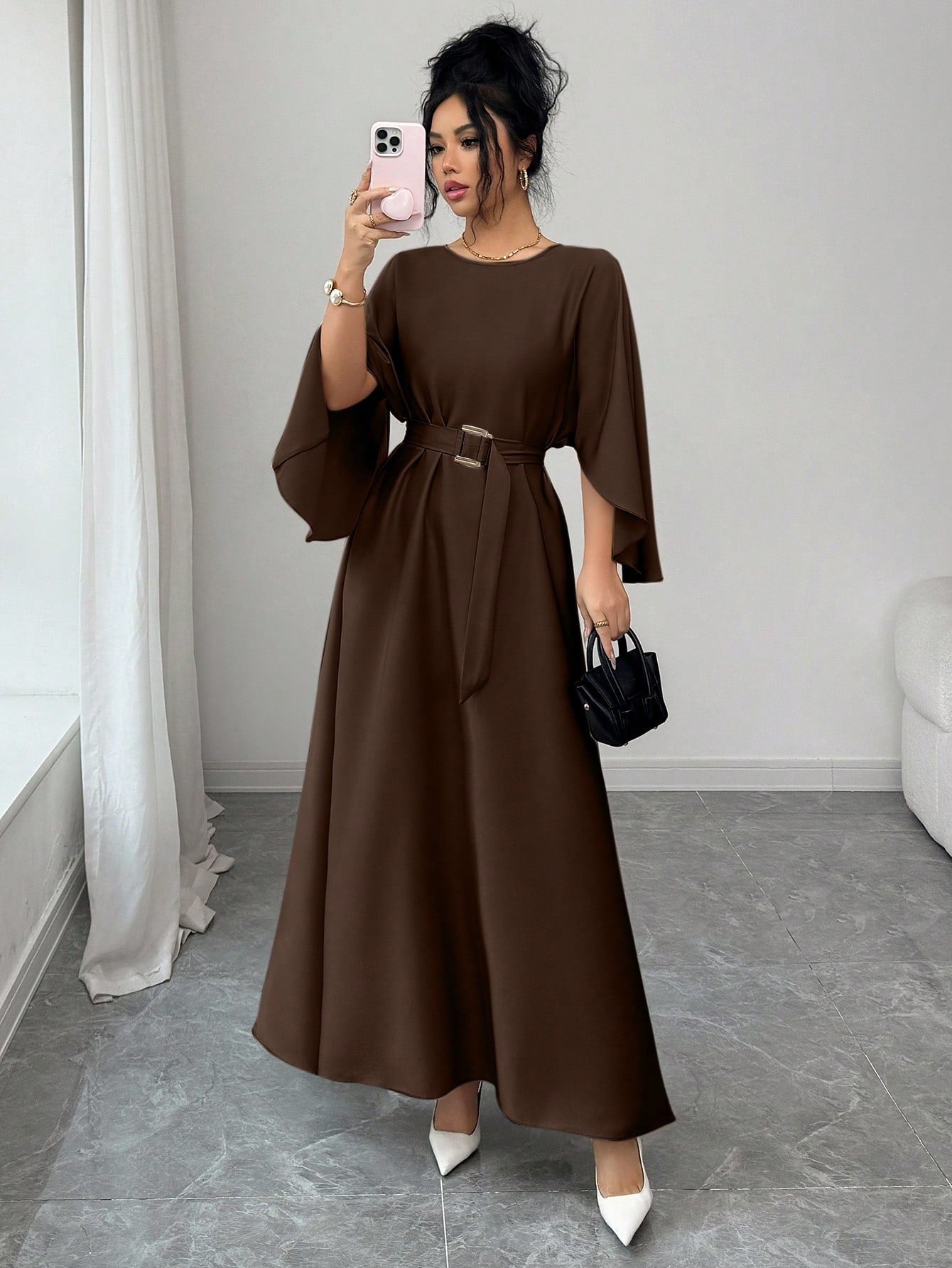 Womens Fashion Round-Neck Defined-Waistline Lace-Up Dress
